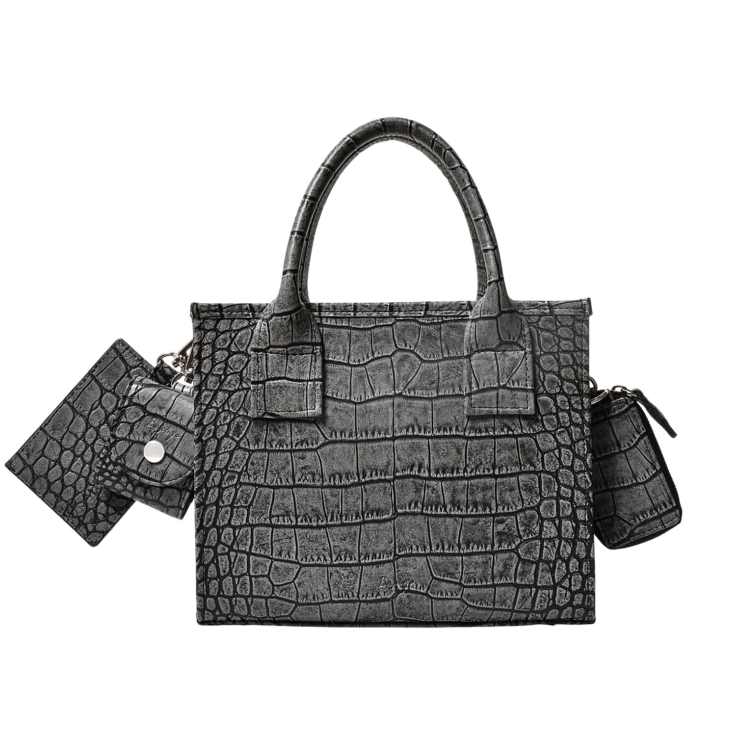 バジョルゴ　ミニトートバッグ　ブラッククロコ型押し　日本製　光沢　牛革 バジョルゴ ミニトートバッグ ブラッククロコ型押し 日本製 光沢 牛革